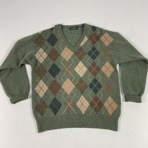 Blarney Woollen Mills Sweater Mens Medium Green V Neck Argyle Wool Knit Vintage